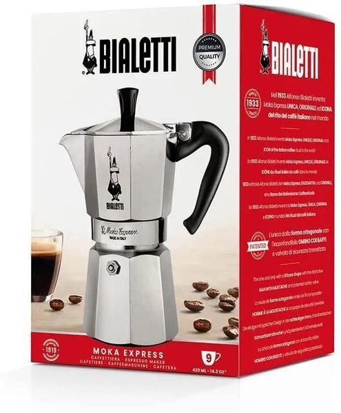 Гейзерна кавоварка на 9 чашок Bialetti Moka Express 420 мл для кави еспресо із алюмінію для плити 1165 фото