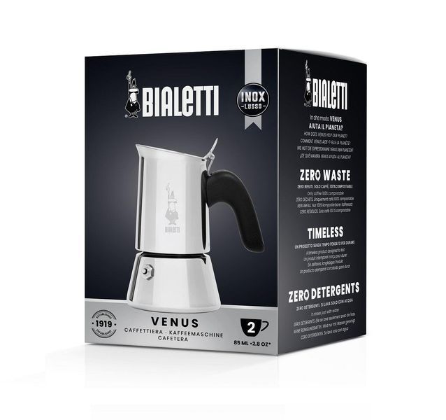 Кофеварка для индукционной плиты гейзерная Bialetti Venus new на 2 чашки 85 мл из нержавейки для кофе 7262 фото