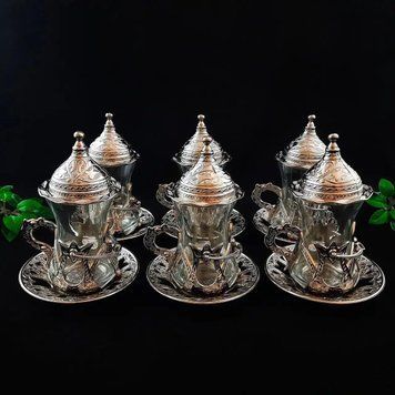 Стаканчики для чая армуды для чая и кофе 6 стаканов с ручкой чашки светлое серебро с блюдцами турецкий сервиз 14521 фото