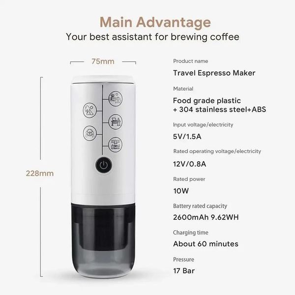 Портативна фільтр кавоварка Icafilas Travel Espresso Maker 2 в 1 Біла для меленої кави і капсул ME2410B фото