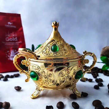 Турецька лукумниця-цукорниця східна золотиста зелений камінь з кришкою латунна LK0015 фото