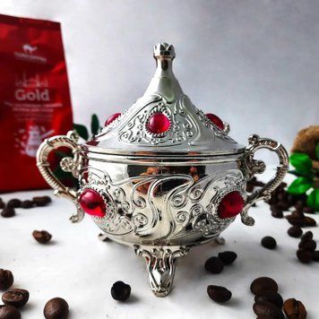 Цукорниця з ручками і кришкою турецька срібляста рожевий камінь східна мідна LK0018 фото