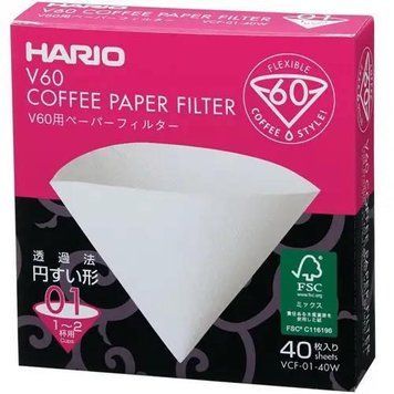 Фильтры для пуровера V60 Hario 01 40 шт, белые бумажные VCF-01-40W фото