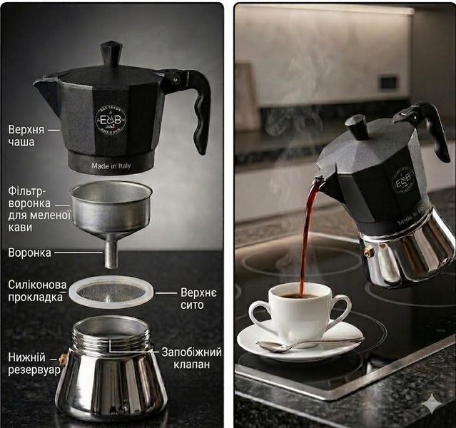 Гейзерна кавоварка для індукції E&B Lab Induction Moka Pot, 3 чашки, 150 мл IB-300 фото
