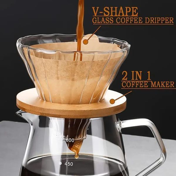 Подарочный набор для заваривания фильтр кофе V60 02 - стеклянный пуровер и заварник 600 мл, для бариста 400545 фото