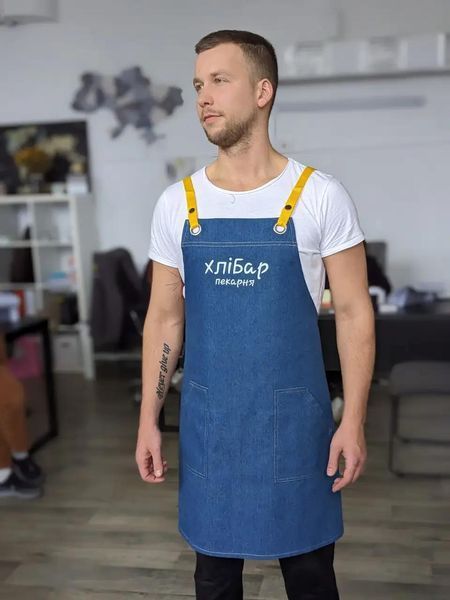 Фартух джинсовий для бариста Muffin Jeans з кишенями для барменів робочий з ременями для офіціанта VT1150 фото